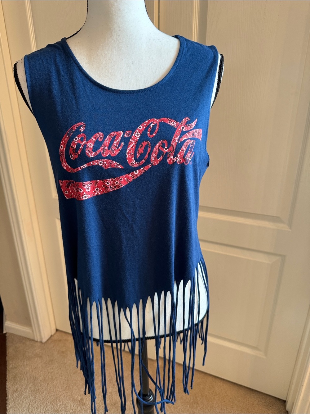 JUNIORS - Coca Cola Navy Tank Top with Red Logo and Fringe Hem - Size XL